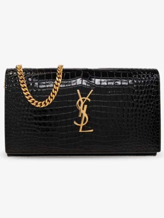 Luxury Saint Laurent Cassandre Chain Crocodile Embossing Leather Long Wallet Black