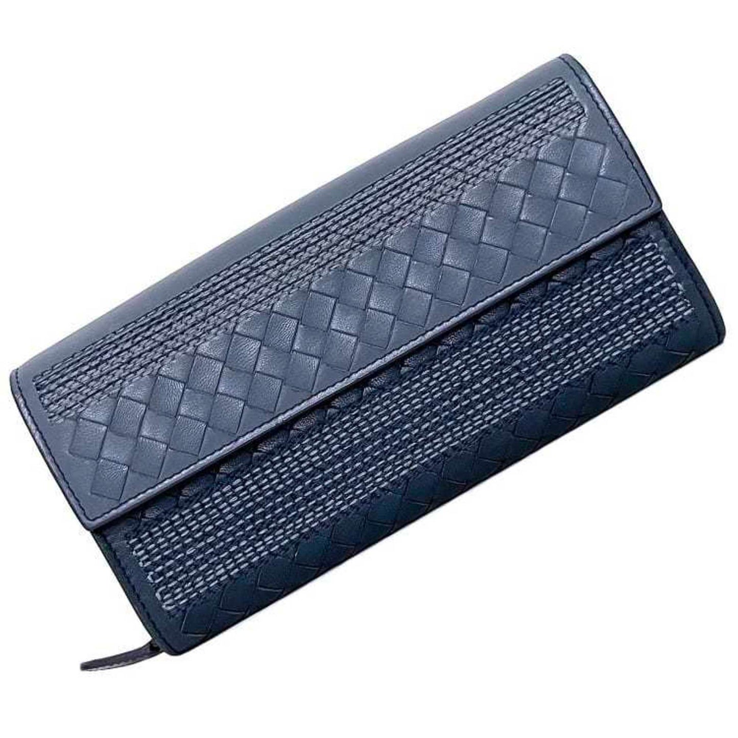 Luxury Bottega Veneta Intrecciato blue  Leather Long Wallet (Bi-Fold) ()