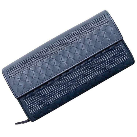 Luxury Bottega Veneta Intrecciato blue  Leather Long Wallet (Bi-Fold) ()