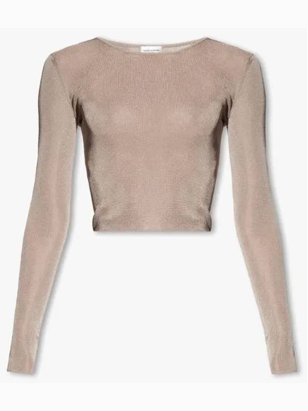 Luxury Saint Laurent Rib Detail Viscose Crop Long Sleeve T-Shirt Pink