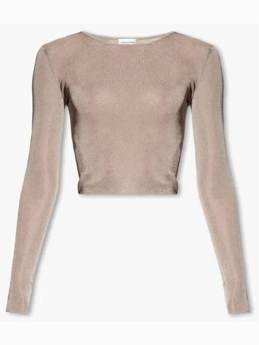 Luxury Saint Laurent Rib Detail Viscose Crop Long Sleeve T-Shirt Pink