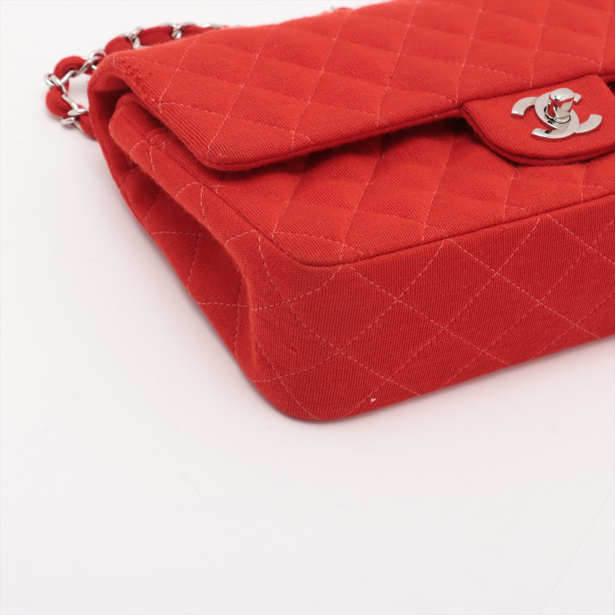 Chanel Matrasse 25 Cotton Double Flap Double Chain Bag Red Silver G  5th A01112