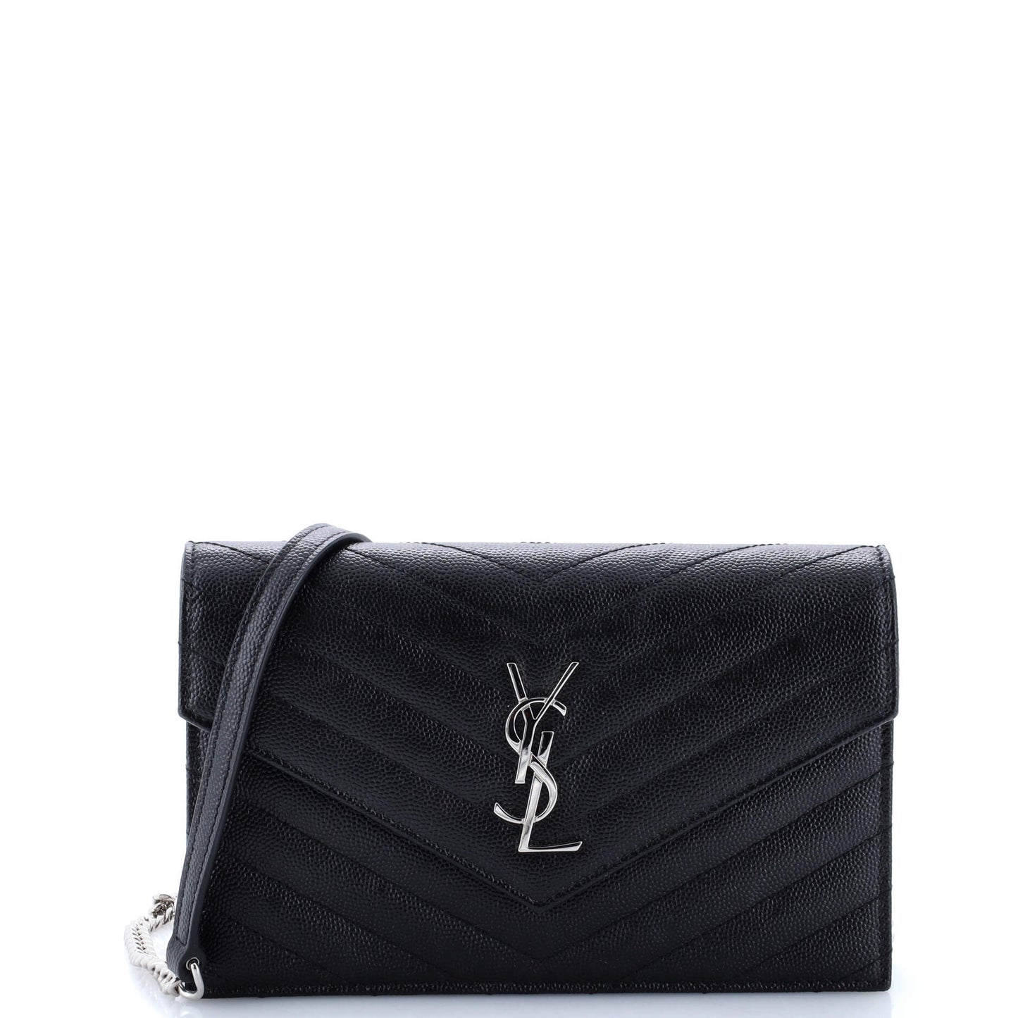 Luxury Saint Laurent Classic Monogram Wallet on Chain Matelasse Chevron Metallic Leather Small