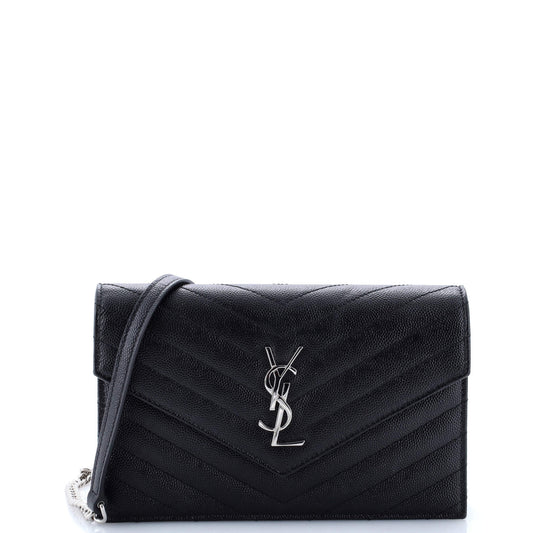 Luxury Saint Laurent Classic Monogram Wallet on Chain Matelasse Chevron Metallic Leather Small