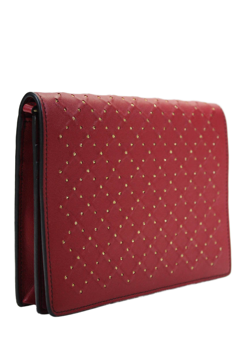 Luxury Bottega Veneta Womens Leather Metallic Woven Buttoned Zip Clutch Handbag Red