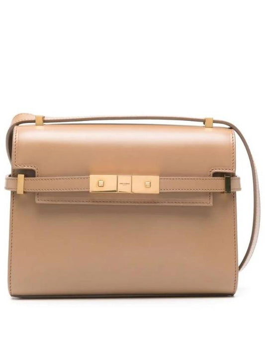 Luxury Saint Laurent Manhattan Mini Embossed Gold-Tone Logo Leather Cross Bag Beige