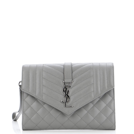 Luxury Saint Laurent Classic Monogram Envelope Wristlet Clutch Mixed Matelasse Leather