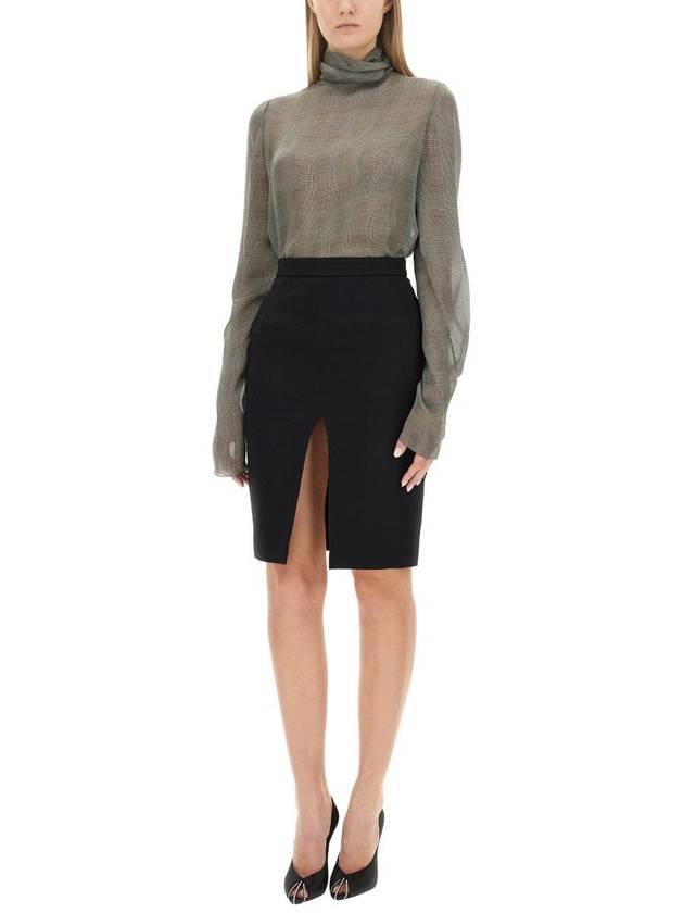 Luxury Saint Laurent Tartan Silk Turtleneck Blouse Grey