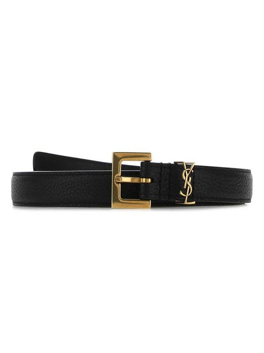Luxury Saint Laurent Cassandre Grained Leather Square Buckle Thin Belt Black