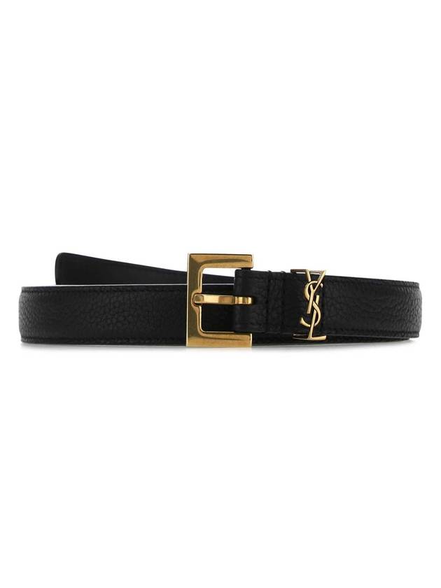 Luxury Saint Laurent Cassandre Grained Leather Square Buckle Thin Belt Black