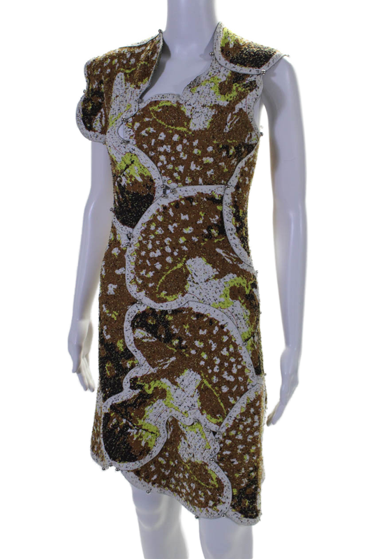 Luxury Bottega Veneta Womens Back Zip Beaded Abstract Knit Dress Brown White