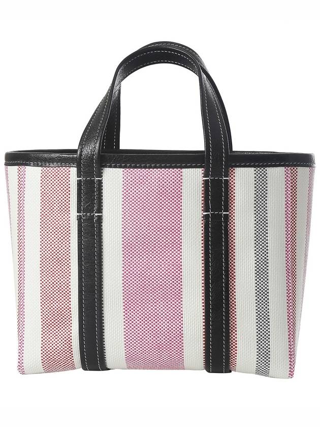 Luxury Balenciaga Barbes East West Raffia Striped Shopper Tote Bag Pink