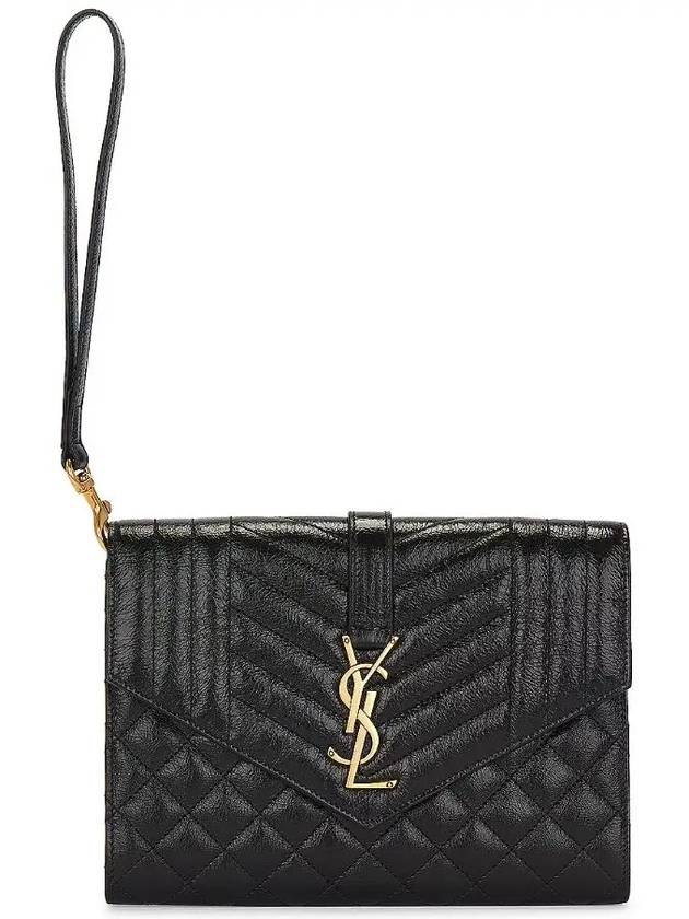 Luxury Saint Laurent Monogram Envelope Flap Leather Clutch Bag Black