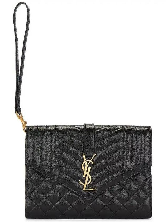 Luxury Saint Laurent Monogram Envelope Flap Leather Clutch Bag Black