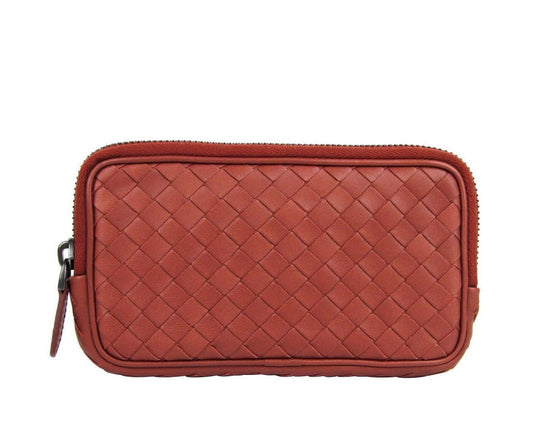 Luxury Bottega Veneta Unisex Smartphone Case Rust Woven Leather Coin Purse