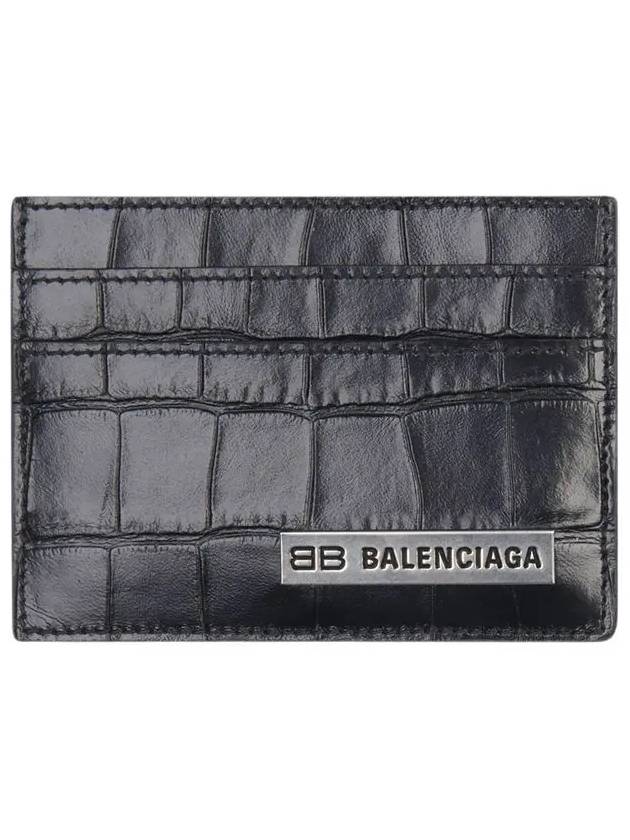 Luxury Balenciaga BB Logo Metal Tab Crocker Card Wallet Drak Grey