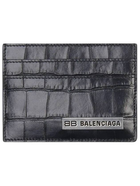 Luxury Balenciaga BB Logo Metal Tab Crocker Card Wallet Drak Grey
