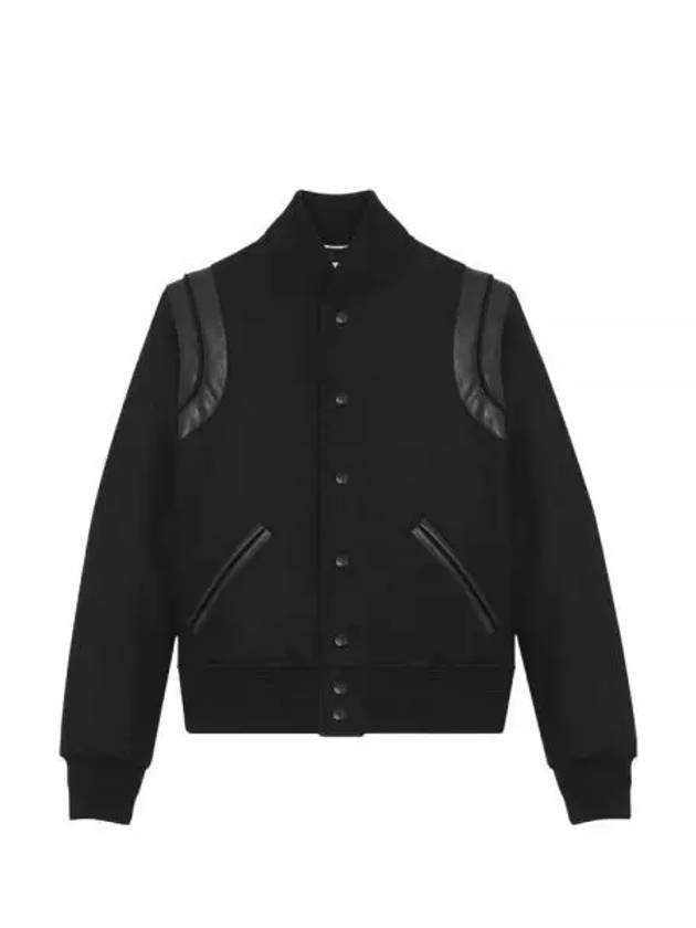 Luxury Saint Laurent Men's Teddy Light Wool Stadium Bomber Jacket Black