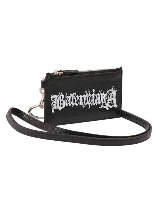 Luxury Balenciaga Logo Print Neck Strap Leather Card Wallet Black