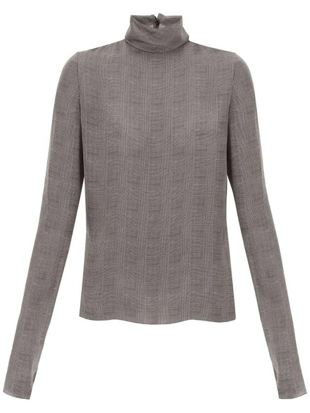 Luxury Saint Laurent Tartan Silk Turtleneck Blouse Grey