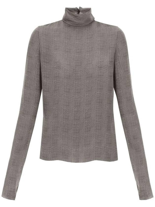 Luxury Saint Laurent Tartan Silk Turtleneck Blouse Grey