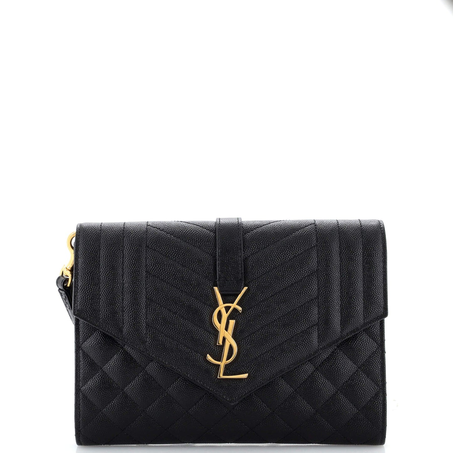 Luxury Saint Laurent Classic Monogram Envelope Wristlet Clutch Mixed Matelasse Leather