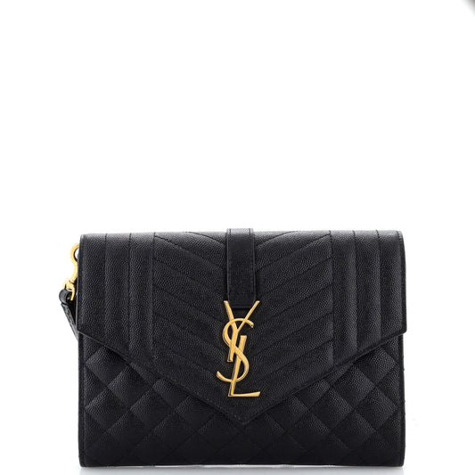 Luxury Saint Laurent Classic Monogram Envelope Wristlet Clutch Mixed Matelasse Leather