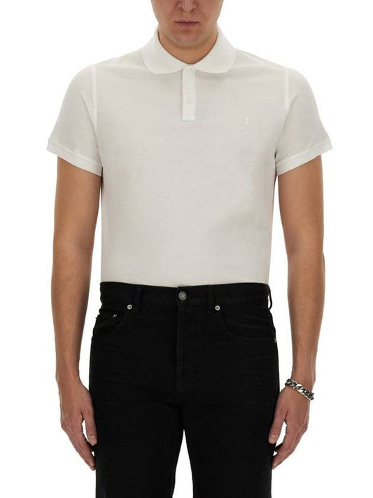 Luxury Saint Laurent Men's Monogram Cotton Short Sleeve Polo Shirt White