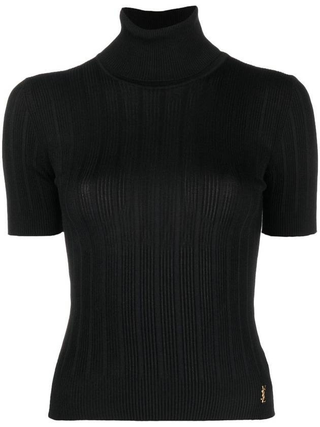 Luxury Saint Laurent Rib Silk Monogram Short Sleeve Turtleneck Black