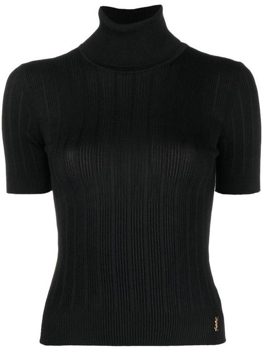 Luxury Saint Laurent Rib Silk Monogram Short Sleeve Turtleneck Black