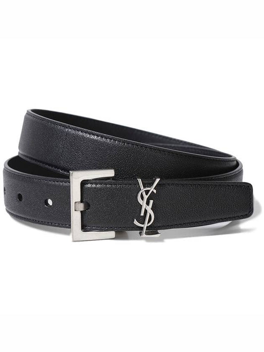 Luxury Saint Laurent Silver Hardware Monogram Buckle Leather Belt Black