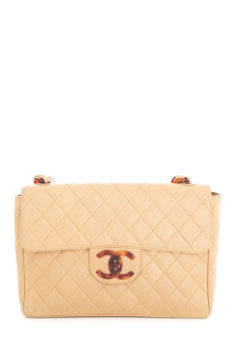 Luxury Chanel Vintage 1994/96 Beige Maxi Jumbo Flap Lambskin Handbag