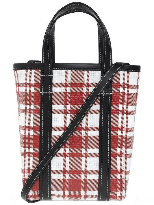 Luxury Balenciaga Check Barbes Small North South Shopper Tote Bag Red