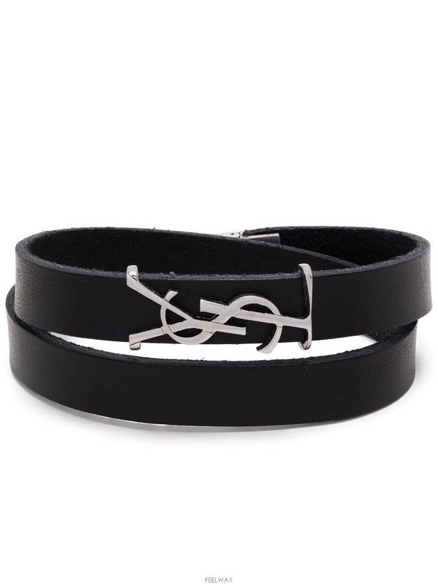 Luxury Saint Laurent Silver Logo Leather Bracelet Black
