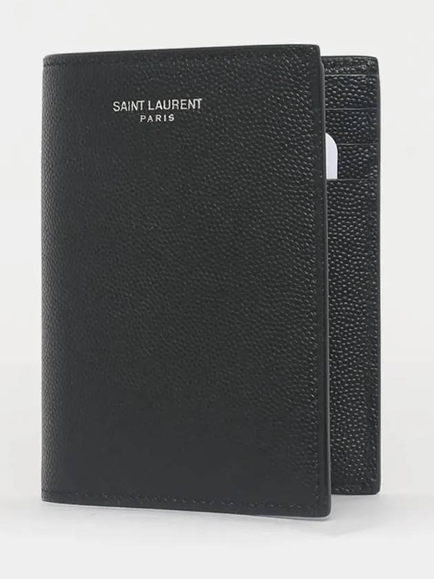 Luxury Saint Laurent Logo Grain Leather Half Wallet Black