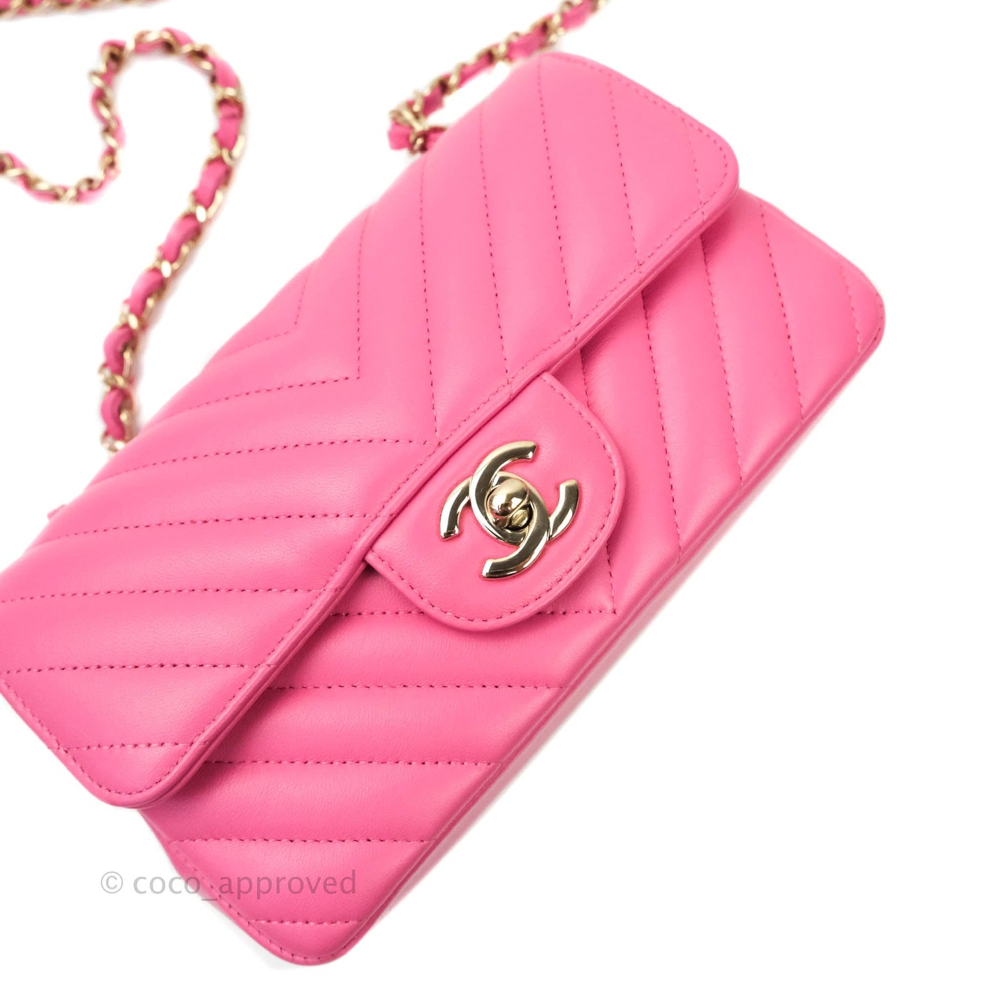 Chanel Chevron Mini Rectangular Lambskin Flap Pink Gold Hardware