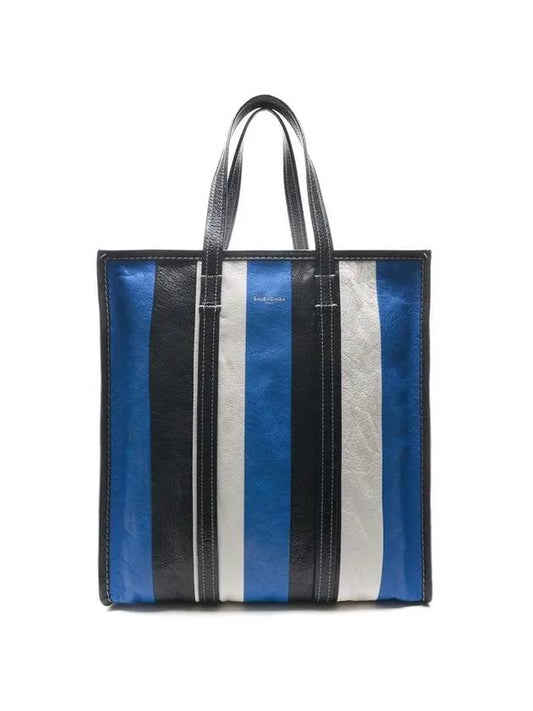 Luxury Balenciaga Bazar Striped Shopper Medium Tote Bag Blue