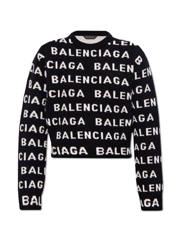 Luxury Balenciaga Intarsia All-Over Logo Crew Neck Knit Top Black