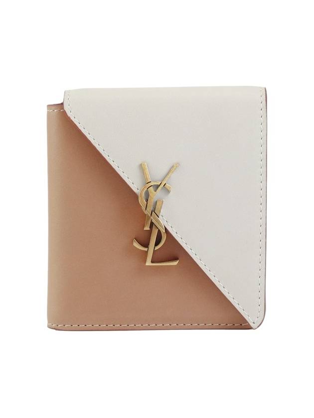 Luxury Saint Laurent Women's Jamie Fold Monogram Bicolor Half Wallet Beige