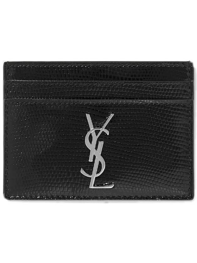 Luxury Saint Laurent Monogram Lizard Effect Glossy Leather Card Holder Black Silver