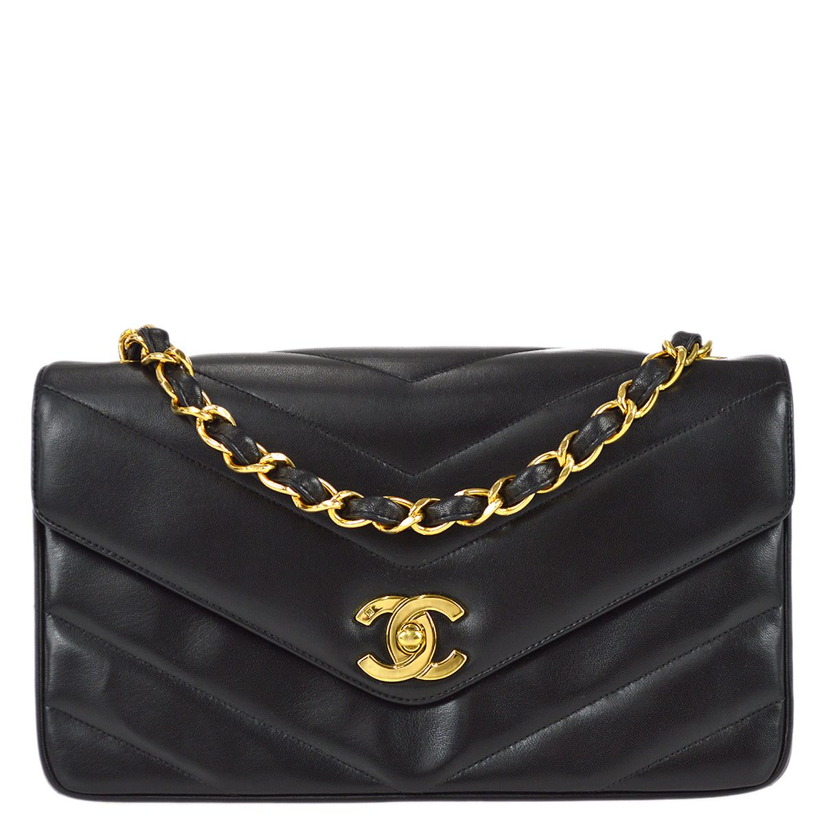 Luxury Chanel 1994-1996 Black Lambskin Large Chevron Letter Flap Bag