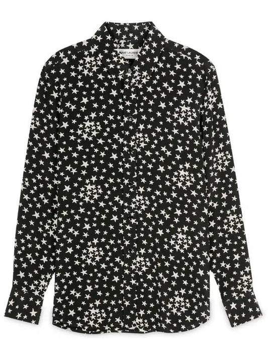 Luxury Saint Laurent Star Print Silk Long Sleeve Shirt Black