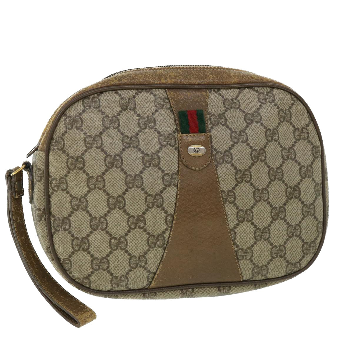 Luxury Gucci GG Canvas Web Sherry Line Clutch Bag PVC Leather Beige Green  ep1670