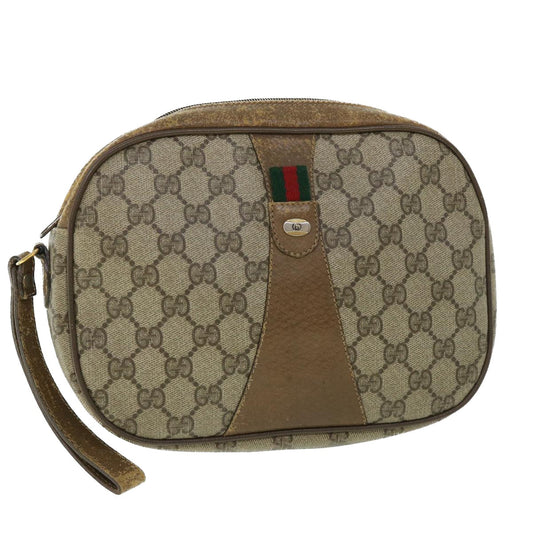 Luxury Gucci GG Canvas Web Sherry Line Clutch Bag PVC Leather Beige Green  ep1670