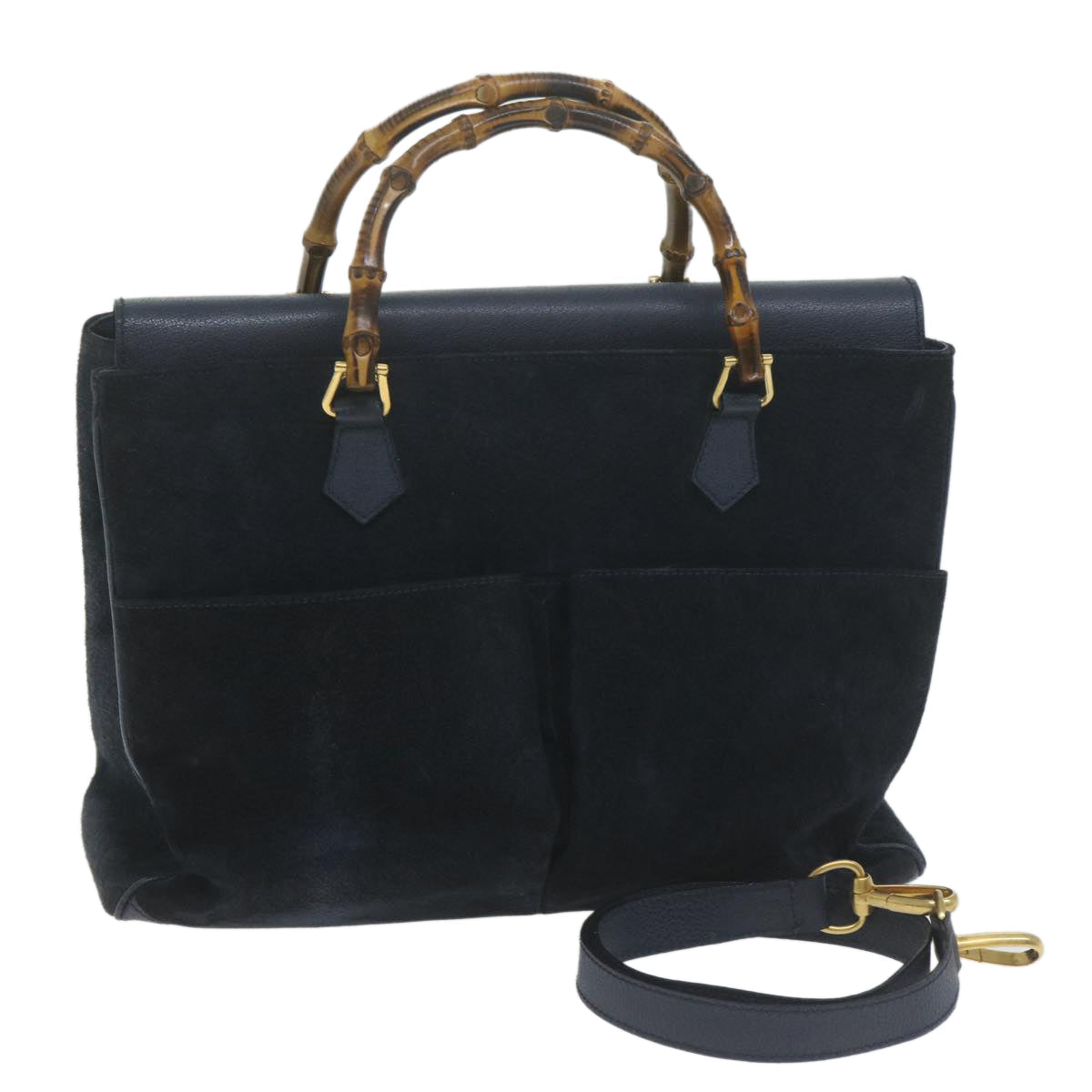 GUCCI Bamboo Hand Bag Suede 2way Navy  ep2993
