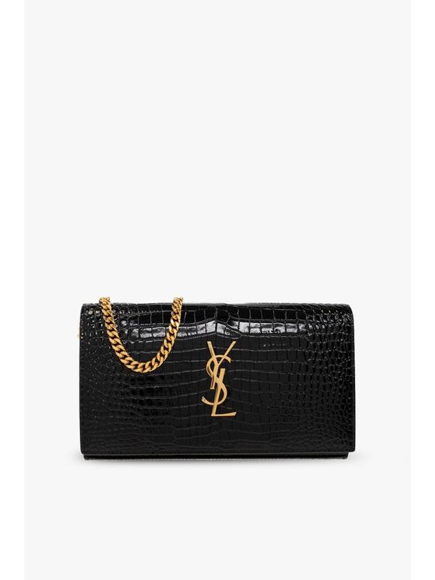 Luxury Saint Laurent Cassandre Chain Crocodile Embossing Leather Long Wallet Black