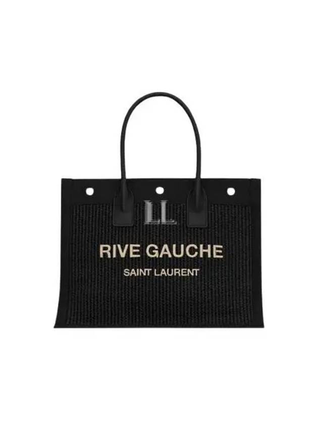 Luxury Saint Laurent Rive Gauche Raffia Leather Small Tote Bag Black