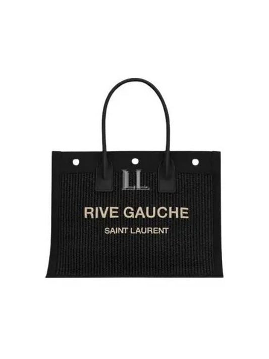 Luxury Saint Laurent Rive Gauche Raffia Leather Small Tote Bag Black