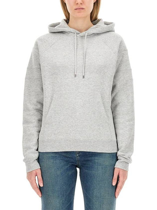 Luxury Saint Laurent Logo Kangaroo Pocket Fleece Hoodie Grey