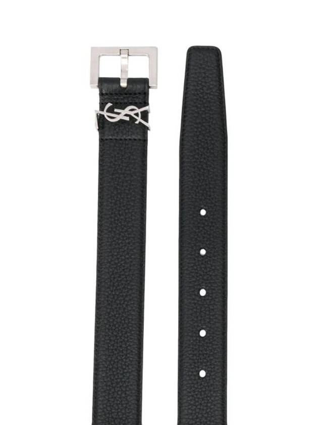 Luxury Saint Laurent Grained Leather Silver Monogram Belt Black
